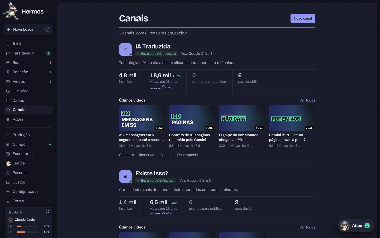 Tela Canais com os dois canais, números do YouTube e últimos vídeos