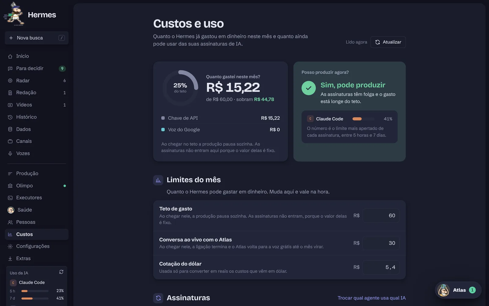 Tela Custos e uso com o gasto do mês e o teto